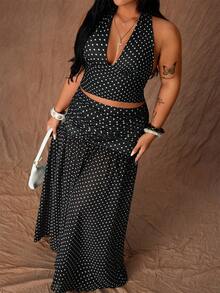 Rustia Plus Size Women's Unique Polka Dot Halter Neck Camisole And Tie Waist Mini Skirt Set, French Retro Vibe, Suitable For Summer Beach Vacation - Black and White - View 6