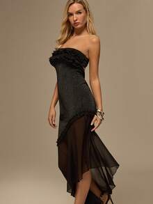 Glamine Women's High-End Satin Ruched Bandeau Dress, Black, Asymmetrical Hem Formal Gown - Black - View 4