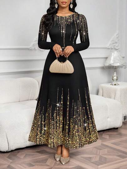 SHEIN Lady Fitted Waist Long Sleeve Dress For Party & Gathering Christmas Dress, New Year's Outfit, Valentine's Day Dress.,Dresses For Women Elegant Black Long Elegant Dress