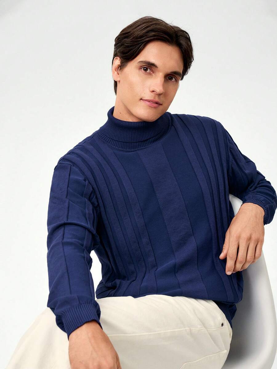 RONVEXI Sweater Rajut Kasual Lengan Panjang Kerah Tinggi Warna Polos untuk Pria - Royal Blue - View 1