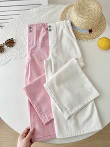 SHEIN Set de 2 pantalones vaqueros de ajuste holgado en rosa y blanco para niñas - Multicolor - Ver 3