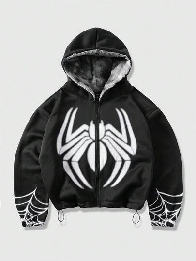 Goth Men's Autumn/Winter Fashion Spider Web Print Thermal Lined Hoodie Sweatshirt