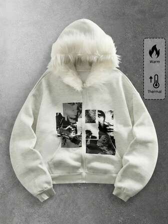 Street Life بلوزة رياضية رجالية ذات أكمام طويلة مطبوعة بطباعة جرافيك مع غطاء للرأس وسحاب وياقة للموسم الانتقالي بين الخريف والشتاء