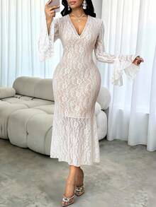 SHEIN Lady Women's Elegant Sheer Lace V-Neck Flare Sleeve Mermaid Hem Fitted Dress,Beige,Autumn,Elegant,Wedding Guest Luxury Evening Party Wedding Guest Dresses - White - View 2