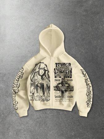 Felpa con cappuccio casual da uomo con chiusura lampo, con stampa di slogan e croce