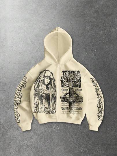 Felpa con cappuccio casual da uomo con chiusura lampo, con stampa di slogan e croce