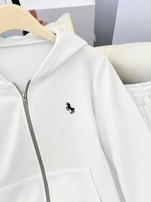 GlowEve 女士时尚休闲纯色刺绣连帽口袋拉链宽松卫衣和刺绣高腰抽绳宽松直筒运动裤套装，适合日常、运动和休闲穿着。 - 白色 - 查看 3