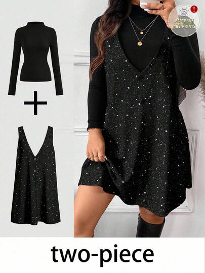 SHEIN Frenchy Conjunto de 2 piezas de mujer de talla grande con estampado elegante de brillo, adecuado para otoño/invierno, Año Nuevo, fiesta de música, conjunto de 2 piezas en negro