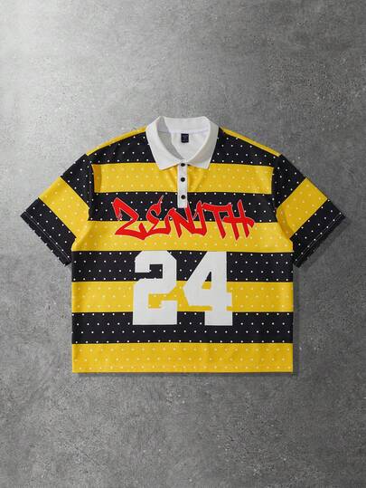 Men's Preppy Oblique Shoulder Striped Numeric & Letter Graphic Short Sleeve T-Shirt