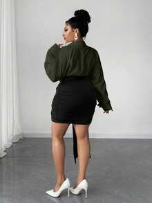 Maweii Plus Size Asymmetrical Ruffle Hem Contrast Color Block Bodycon Dress - Dark Green - View 5