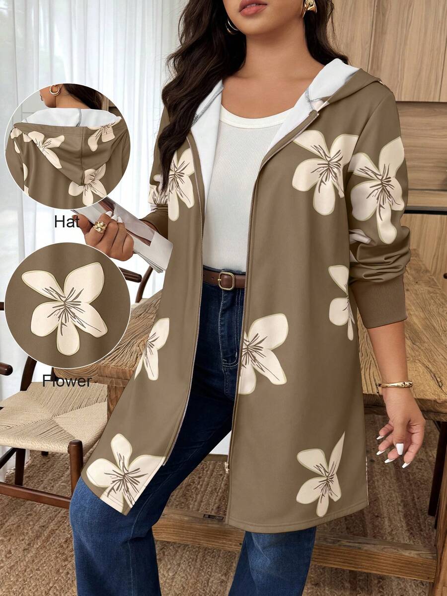 SHEIN LUNE Plus Size Women Floral Print Long Sleeve Zip Front Casual Hooded Jacket, Random Print - Multicolor - View 1