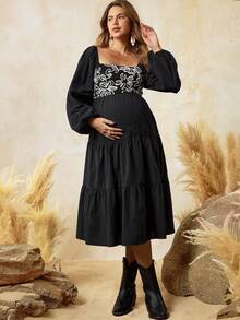 Boho Mama 孕妇花卉纹理褶皱设计灯笼袖时尚连衣裙 - 黑色 - 查看 10