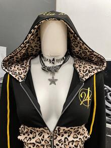 SHEIN Unity Áo nỉ họa tiết da báo vá phong cách Punk thời trang dạo phố dành cho nữ, Thu/Đông - màu đen - Xem 4