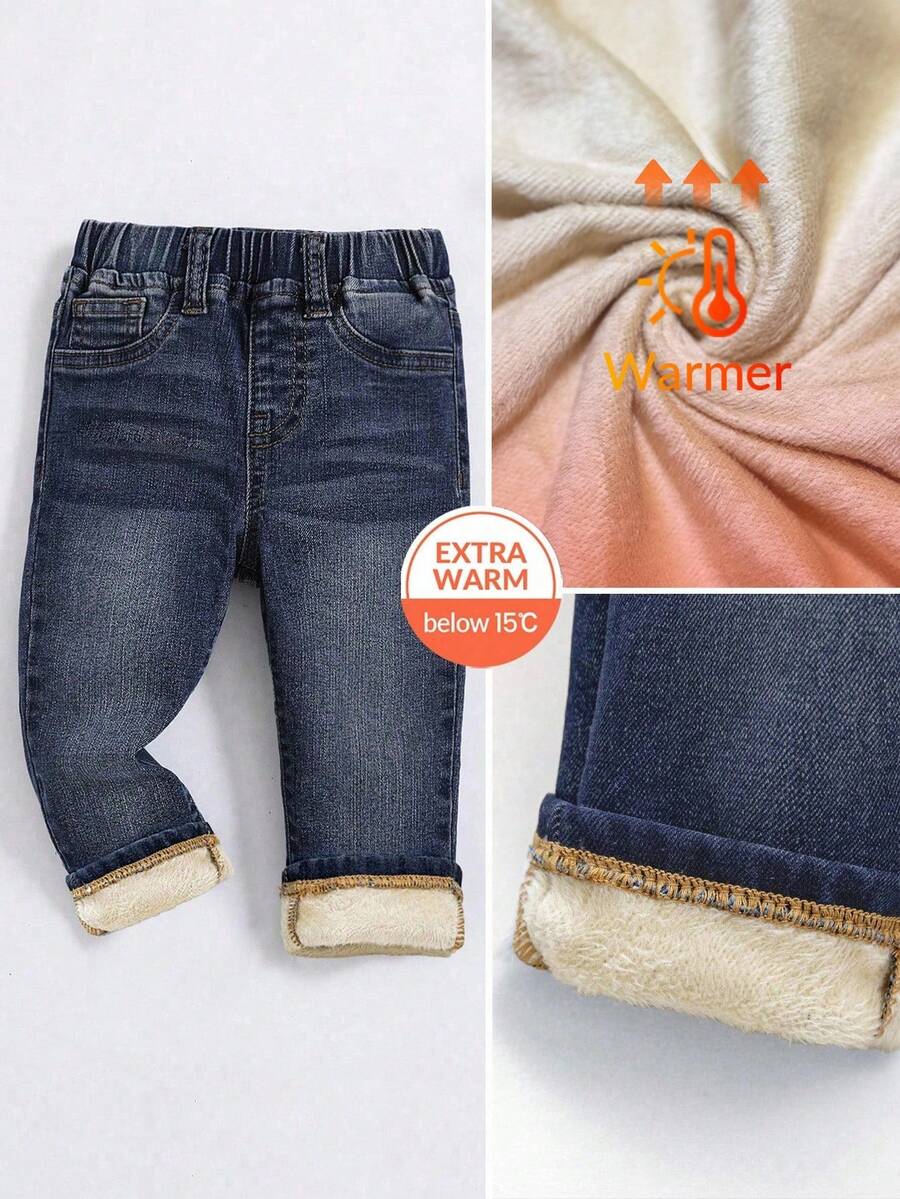 SHEIN 男婴基本款深蓝色牛仔保暖内衬弹力修身裤，秋冬季