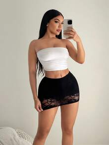 SHEIN SXY 女士纯色性感蕾丝裙 - 黑色 - 查看 4