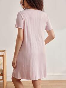 Moonlight&Mama 舒适波浪荷叶边黑色弹力简约翻领长款连衣裙，舒适秋季时尚孕妇睡裙 - 黑色 - 查看 3