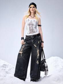 ROMWE Grunge Punk Relaxed Fit Grunge Vintage Distressed Design Oversized Skull Print Women Jeans - Blue - View 2