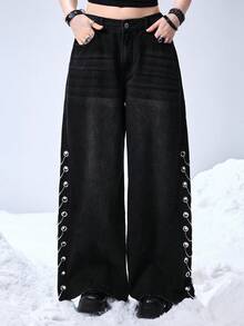 ROMWE Grunge Punk Relaxed Fit Grunge Distressed Vintage Oversized Cross & Vine Print Women Jeans - Black - View 4
