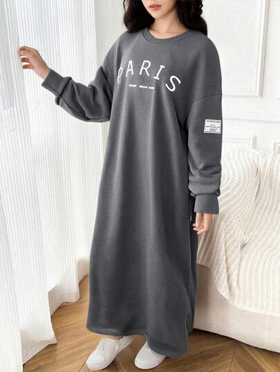 Oversized Loose Knit Crew Neck Long Sleeve Dress With Paris Letter Graphic Print, Charcoal Grey, For Teen Girls, Autumn/Winter