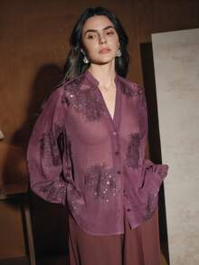 Anewsta Loose Semi-Sheer V-Neck Embroidered Long Sleeve Shirt With Colorful Sequin Detailing, Elegant Office Style For Women - Red Violet - View 2
