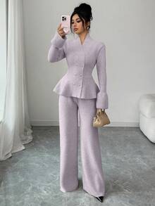 Elenzga 2pcs Set: Elegant Casual Commuter Blue Stand Collar Flare Sleeve Cinched Waist Cardigan & Straight Leg Knit Sweater, Autumn/Winter - Purple - View 6