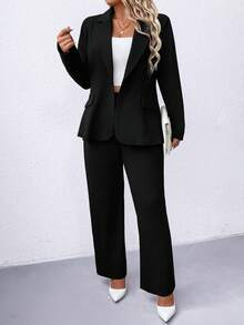 Elenzga Plus 纯色翻领单扣西装外套和裤子 - 黑色 - 查看 5