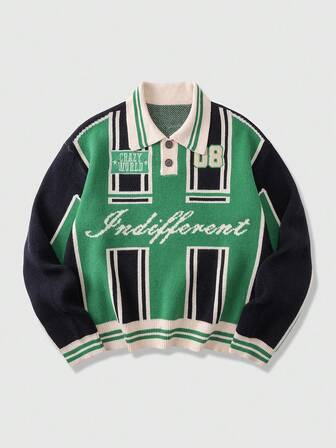 Prep Jersey de punto con patrón de letras y bloques de color casual de uso diario para hombres, otoño/invierno