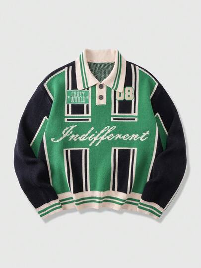 Prep Pull tricoté à motif blocs de couleurs et lettrage, décontracté et quotidien pour hommes, automne/hiver