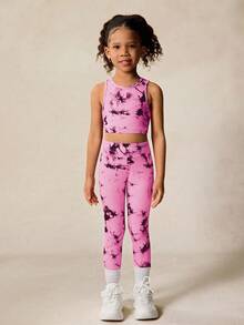 SHEIN 2pcs/Set Girls' Tie-Dye Print Camisole And Leggings Yoga Outfit, Matching Sets, Back To School - Pink - View 5