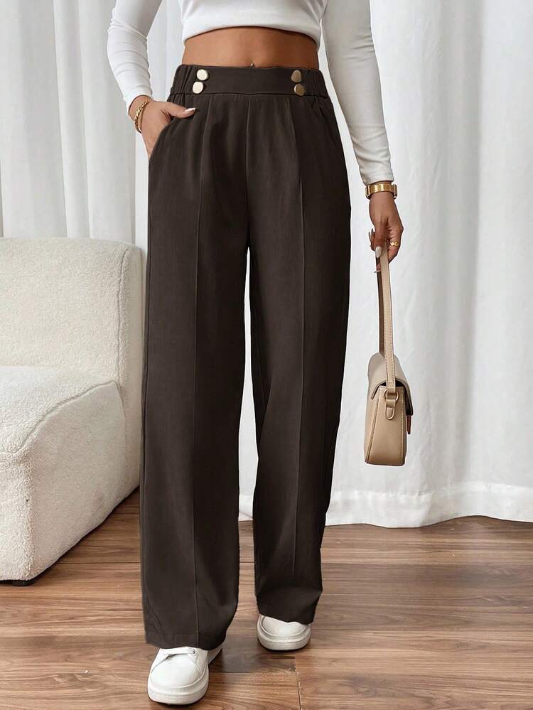 SHEIN Frenchy 女士双扣直筒优雅办公裤 - 咖啡棕 - 查看 4