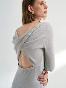 INAWLY Women's Elegant Commuter Solid Color Twist Back Hollow Out Fitted Knit Dress - Light Grey - View 1