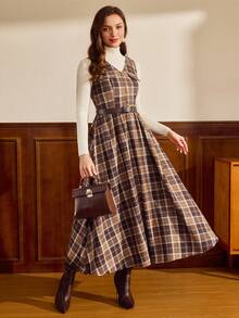 Vintamour 复古经典优雅女士连衣裙，秋冬季，修身腰带连衣裙，棕色格子连衣裙，装饰口袋翻盖无袖套头连衣裙，喇叭裙摆 - 棕色 - 查看 7