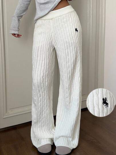 SHEIN EZwear Plus Size Women's Casual Loose Fit Solid Color Braided Rope Embroidered Wide Leg Pants, Versatile & Minimalist, Autumn/Winter