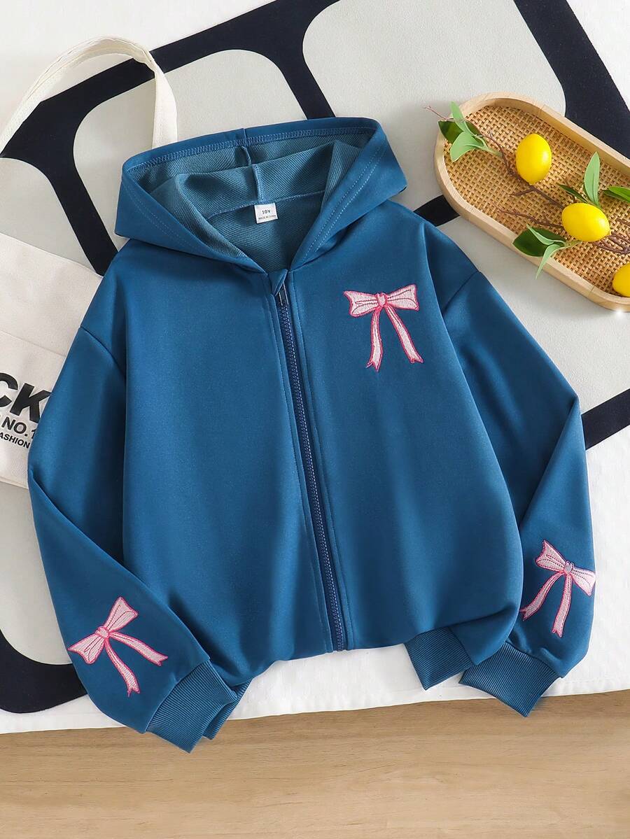 SHEIN 1件少女拉链连帽长袖外套,背面和袖子上有蝴蝶结刺绣装饰 - 水鴨藍 - 查看 1