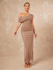 Lumalex 2025新款夏季海滩度假复活节波西米亚风海滩户外婚礼季派对成人仪式返校派对优雅安哥拉红色网纱单肩褶皱装饰修身紧身女长连衣裙垂褶连衣裙性感棕色连衣裙卡其色连衣裙女单肩连衣裙 - 卡其色 - 查看 4