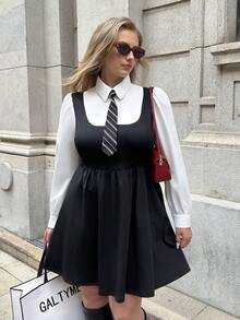 SHEIN EZwear Plus Size Women's Casual Long Sleeve 2 In 1 Dress, College Style,Fall /Autumn/Winter,Christmas,New Year,Thanksgiving,Party,Wedding,Beach,Graduati,Chic,Elegant,Casual,Going Out,Date,Appointment,Commute,Back-To-School,Graduation,Formal - Black and White - View 3