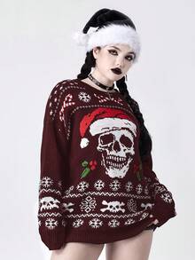 ROMWE Goth 哥特式圣诞骷髅头圣诞老人帽宽松套头毛衣 - 酒紅色 - 查看 5
