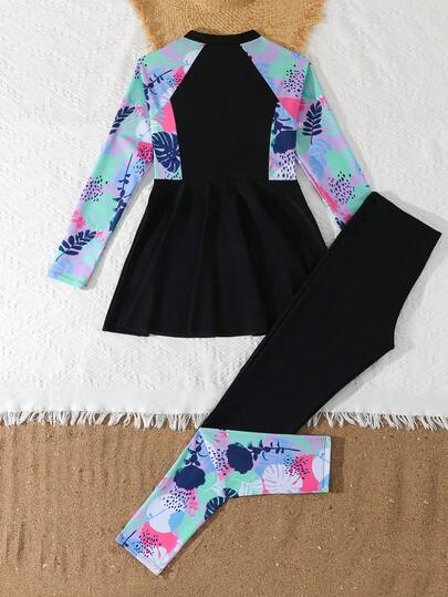 SHEIN 少女两件式泳衣套装，包括吊带露脐上衣和长裤，休闲碎花印花，黑紫色，适合游泳、海滩、泳池、拍照，夏季礼物