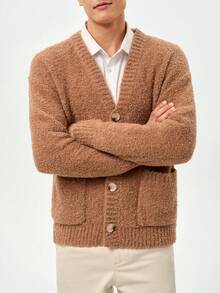 RONVEXI 男士休闲纯色双口袋开衫，百搭秋冬 - 卡其色 - 查看 2