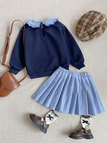 PrepCrw Bộ 2 chiếc áo nỉ dệt kim dáng rộng màu xanh navy và chân váy mini xếp ly kẻ sọc xanh trắng dễ thương cho bé gái, thích hợp cho các dịp trở lại trường, đi chơi thường ngày, du lịch, tiệc tùng, ngày lễ, mùa thu, mùa đông, mùa xuân - Màu xanh hải quân - Xem 3