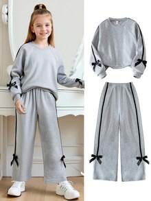 Genkimix Kids Bộ 2 món/Bộ thời trang cho bé gái áo dài tay cổ tròn màu xám và quần ống rộng có nơ trang trí, mùa thu/đông - Xám - Xem 7
