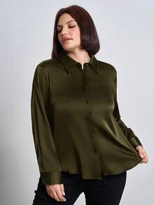 SHEIN Clasi 大码缎面府绸纽扣衬衫，办公款 - 軍綠色 - 查看 6