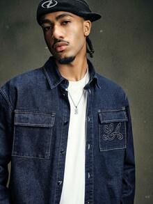 AXEPEAK 1 Conjunto de Top de manga larga con botones delanteros y Pantalones de mezclilla con bolsillo bordado - Azul - Ver 4