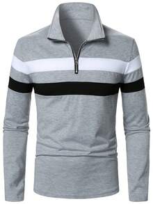 Manfinity Homme Áo Polo nam tay dài phối sọc tương phản, kiểu dáng cổ kéo khóa nửa thân, áo nỉ nam, áo thun nam thường ngày, áo polo nam tay dài, áo polo nam tay dài kiểu rugby cổ kéo khóa ¼. - Nhiều màu - Xem 6