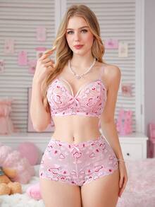 PetitDoll 2件套蕾丝边内衣套装，甜美可爱女士蕾丝文胸和内裤套装，无钢圈 - 粉色 - 查看 1