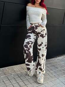 Bearsaez Women's Cow Pattern Jeans Banana Pants Y2K Wide-Leg Pants Comfortable Elastic Waist With Pockets Summer Casual Wear