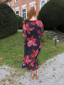 Gretanique Vestido de flores con estampado, hendidura alta y ajuste en la cintura para mujer, ideal para el Día de San Valentín - Negro - Ver 2