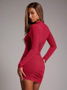 NYA SZN Dress Long Sleeve Asymmetrical Tectured Ruche Special Occasion Modest Elegant Cute Wedding Brunch Date Fitted Bodycon Fall Summer Fall Suitable For Commuting Outfits For Women - Red - View 2