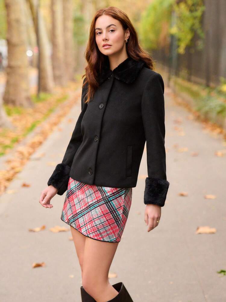 Black Coat With Faux Fur Collar And Cuffs Chic Winter Outerwear Chic French Style Winter Jacket Warm Winter Coat