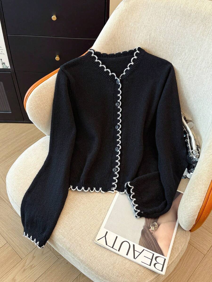 SHEIN Franclia French Romantic Contrast Color Ruffle Trim Cardigan, Commuter Style - Black - View 1